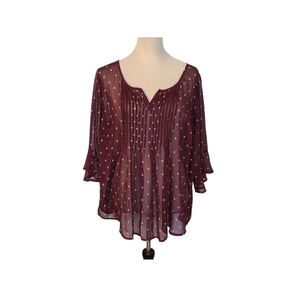 Torrid Burgundy Starburst Georgette Pleated Chiffon Blouse Boho Ruffle Slv Sz L - Picture 1 of 11